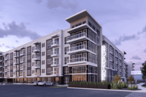 Diagonal elevation of Broadstone North Lamar, spotlighting its 5‑story Type IIIA wood‑frame construction atop a 3‑story concrete parking podium. The façade combines brickwork and fiber‑cement panels, with steel balcony railings and a clear column‑slab rhythm that highlights engineered structural discipline.