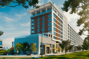 Front-diagonal elevation of Haven at Charlotte, a modern 7‑story residential building atop a 2‑level concrete podium. The design features a steel‑framed structure with large floor‑to‑ceiling windows, modular balconies, and clean horizontal slab edges—highlighting engineered articulation and contemporary urban form.